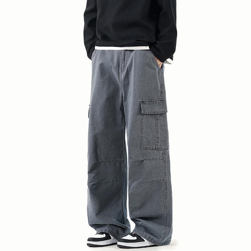 Men's Autumn Winter New Cargo Pants Relaxed Straight Multi Pocket Washed Casual American Style Trousers