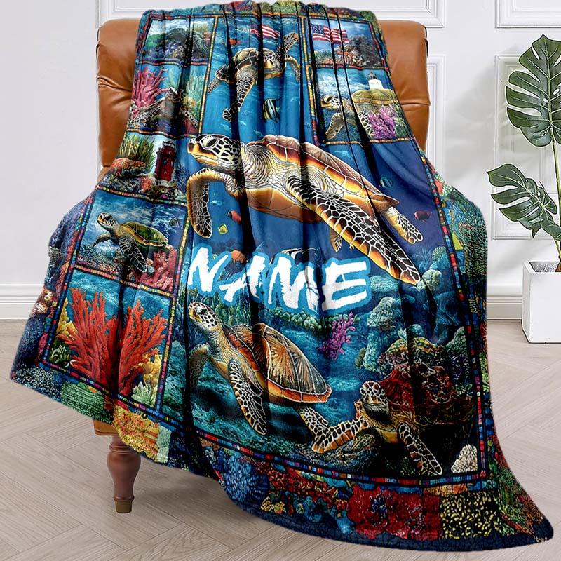 Turtle On The Seabed Customize Your Name Blanket Used For Chair Office Sofa Bed Camping Soft And Warm Giving Friends And Relatives Birthday Graduation