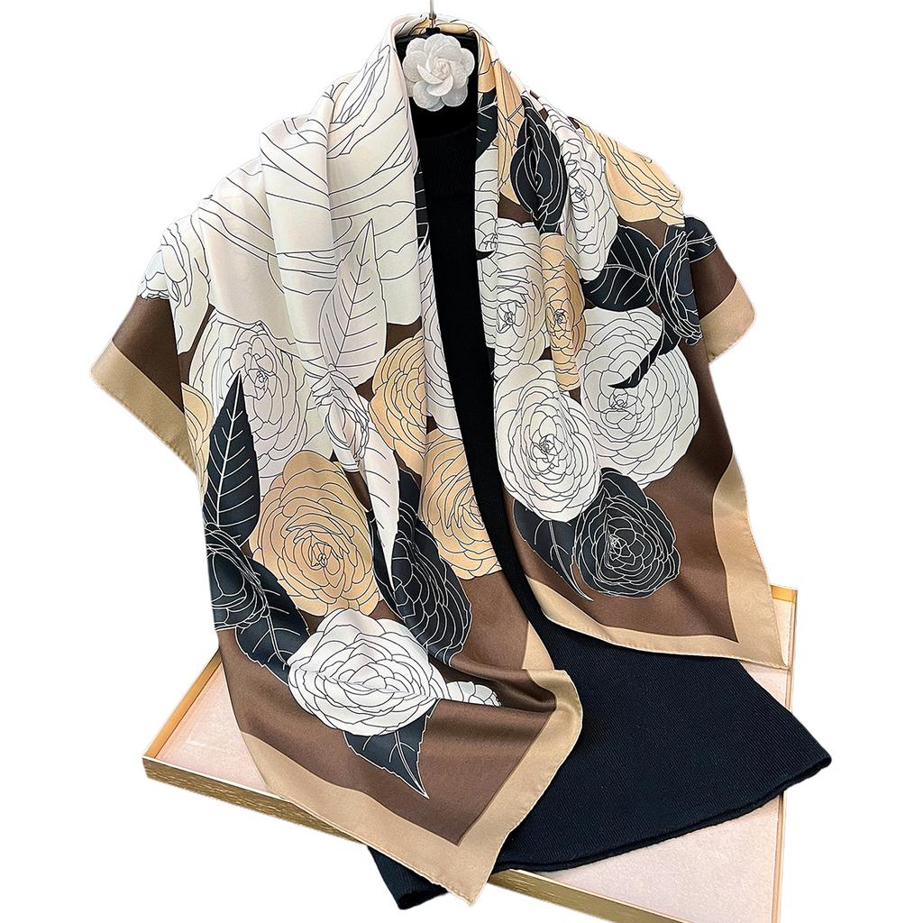 Spring new camellia printing silk scarf decorative binding scarf versatile high-end neck protection windproof breathable square scarf