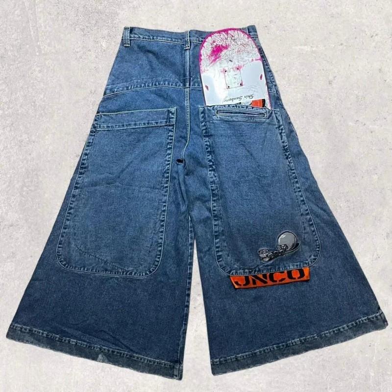 Mens Y2K Streetwear Denim Pants High Waist Loose Fit Straight Leg Jeans With Embroidery