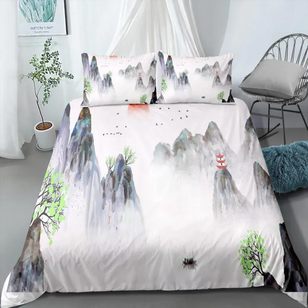 

Ink Painting King Queen Duvet Cover Chinese Landscape Painting Bedding Set Adults Idyllic Scenery Mountain Polyester Quilt Cover 70x133cm 2pcs