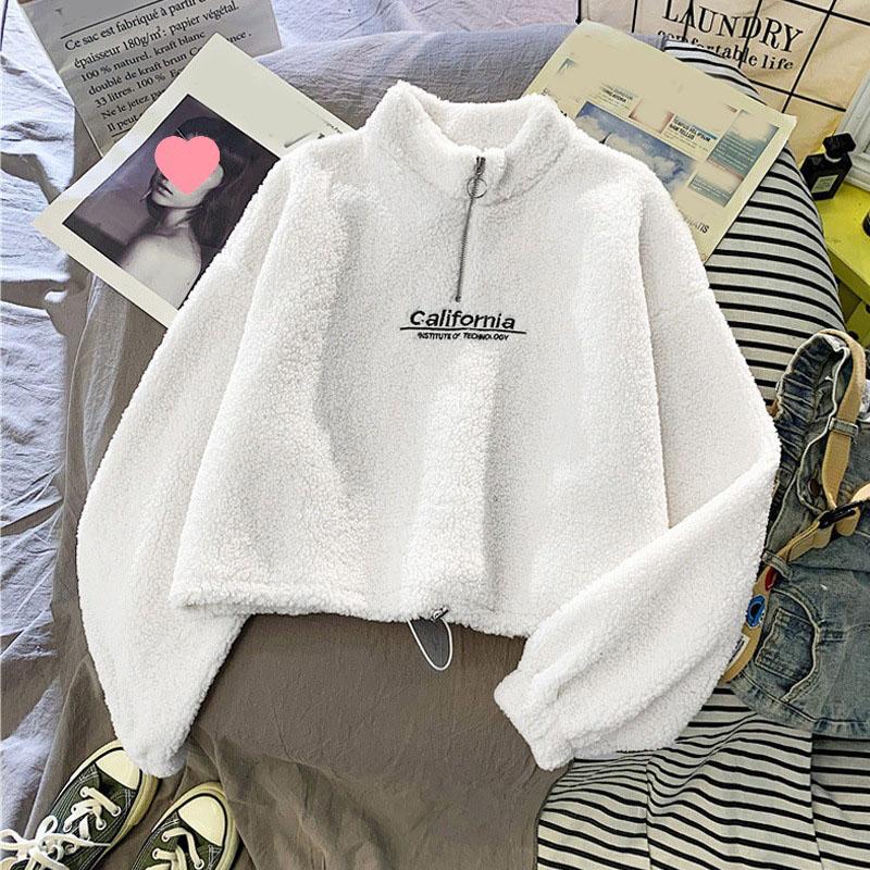 Autumn Spring Women Stand Neck Fleece Cropped Letter Embroidery Long Sleeve Drawstring Half High Neck Sweatshirt Elegant Plush Velvet Tops