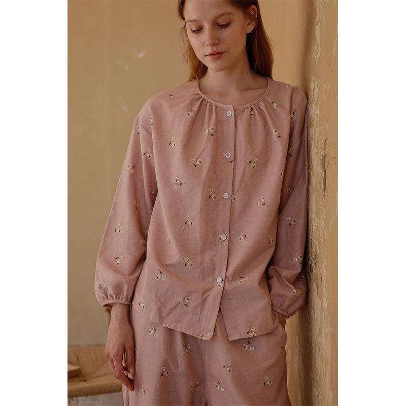Autumn new women's cotton abraded crew neck cardigan type printed pajamas long sleeves trousers loungewear set