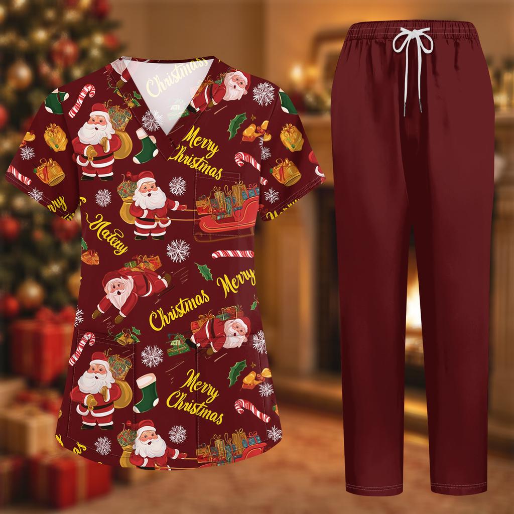 Damen-Uniformset mit kurzärmeligem Weihnachtsdruck-Oberteil und Hose, 2-teiliger Pflegekraft-Kittel