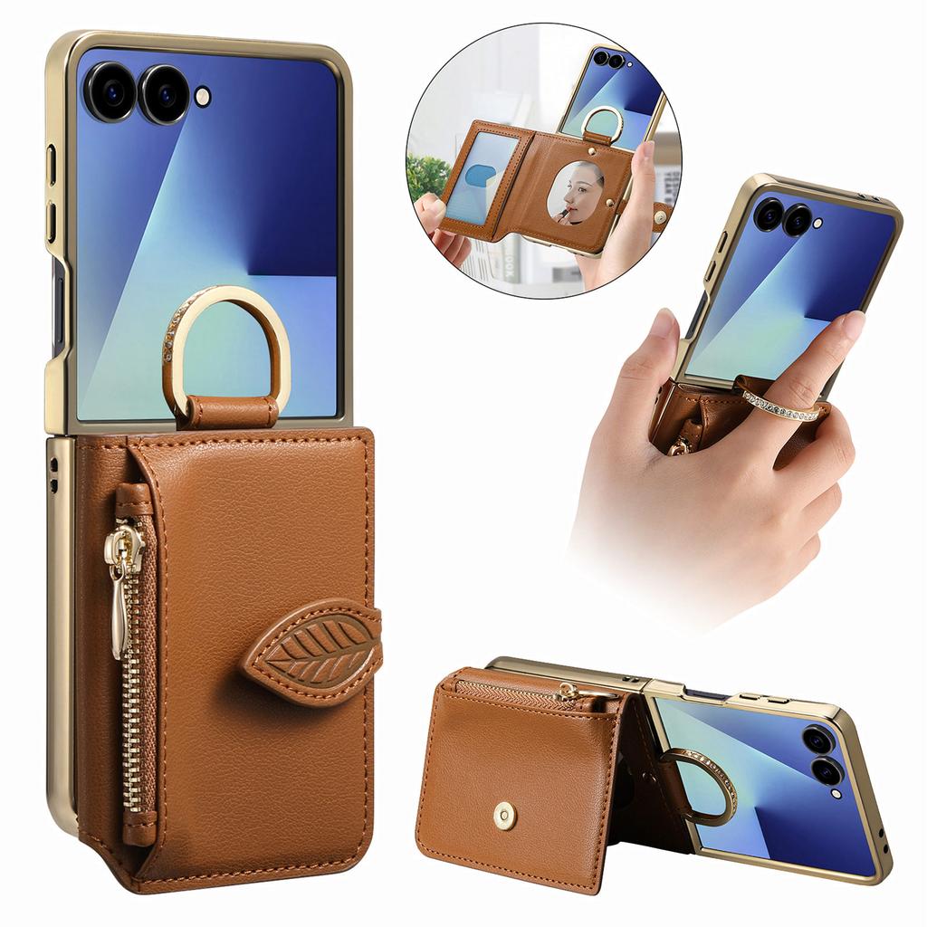 Luxury Ring Holder Zipper Cards Wallet Leather Case For Samsung Z Flip 7 6 5 4 Comfortable Grip Shockproof  Makeup Mirror Cover