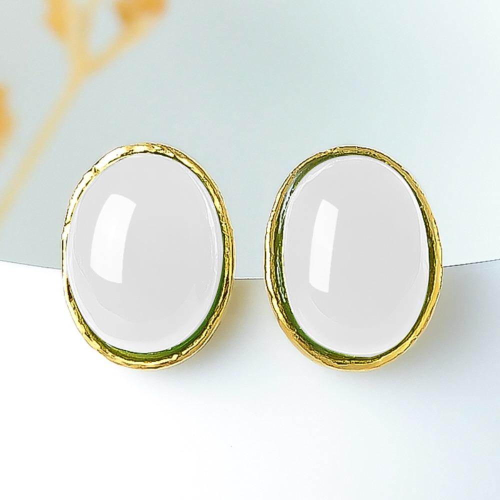 Vintage Gold Plated Jasper Stud Earrings Women White Jade Gold Agate Inlaid Elegant Dainty Jewelry Gift
