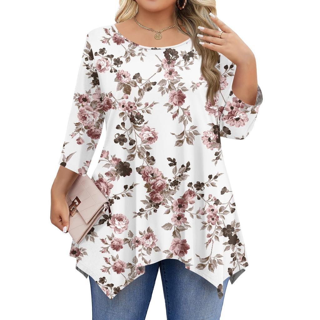 Womens Plus Size 3/4 Sleeve Shirts  Round Neck Tunic Tops Basic Loose Fit Tee Tops L-5XL