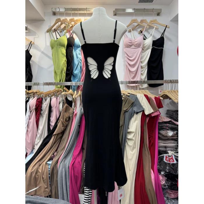 

2025 Summer Sexy Spaghetti Strap Dress with Butterfly Skirt and Hollow Slim Fit Design Large чорний