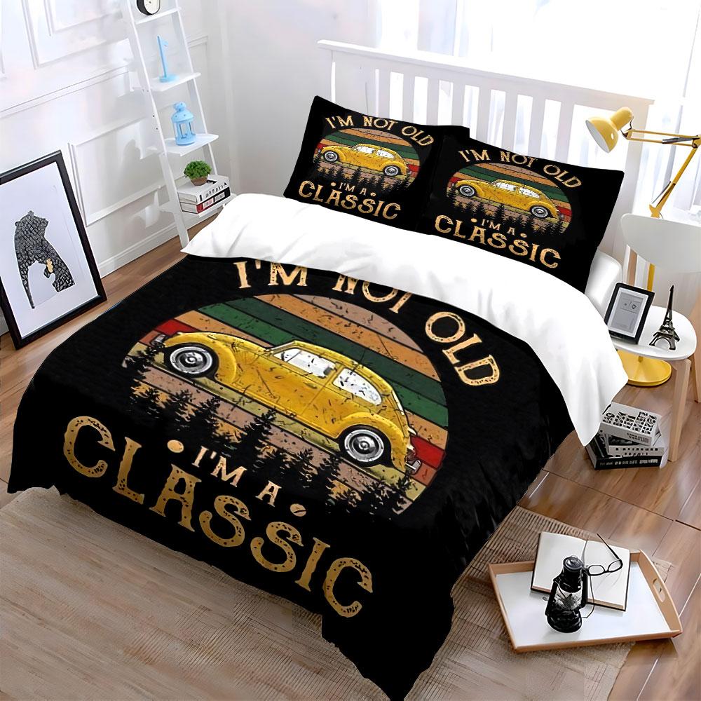 Voiture Jaune Vintage Rétro Classique Ensemble de Literie Housse de Couette Housse de Couette Taies d'Oreiller  (1*Housse de couette 2*Taies d'oreiller, sans couette)