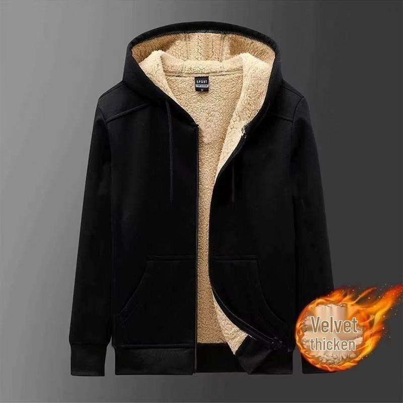 Men's Winter Thick Plush Hooded Cardigan with Zipper - Lambswool Lined, Loose Fit, Plus Size