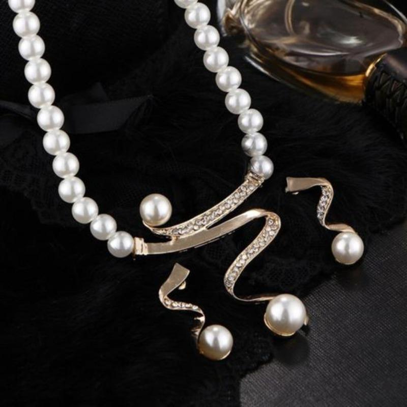 Rhinestone Faux Pearl Beaded Necklace Stud Earrings Bridal Wedding Jewelry Set