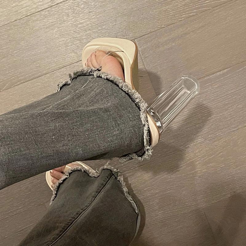 Summer new open-toed transparent word with waterproof table slippers women's simple crystal thick heels high heels sandals
