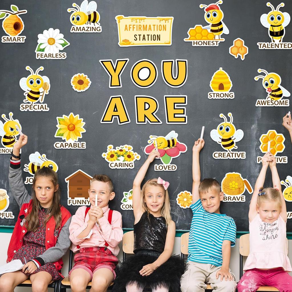 Bee Motivational Bulletin Board Decorations Positive Affirmation Posters Summer Sunflower Bee Hive Cutouts for Back to School Classroom Wall Decor