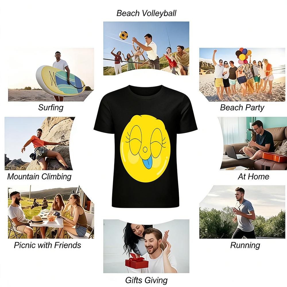 Funny Tongue Out Winking Smile Face Print Casual T-Shirt Unisex Breathable Crewneck Top Pure Cotton T-shirt