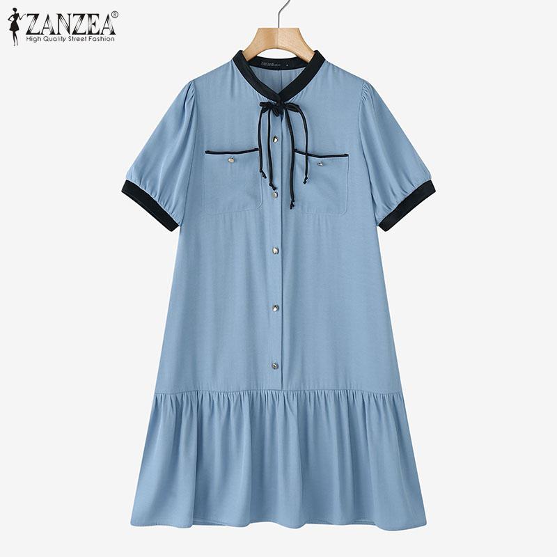 ZANZEA Rochie de vară lejeră de damă casual cu gât rotund și mânecă scurtă