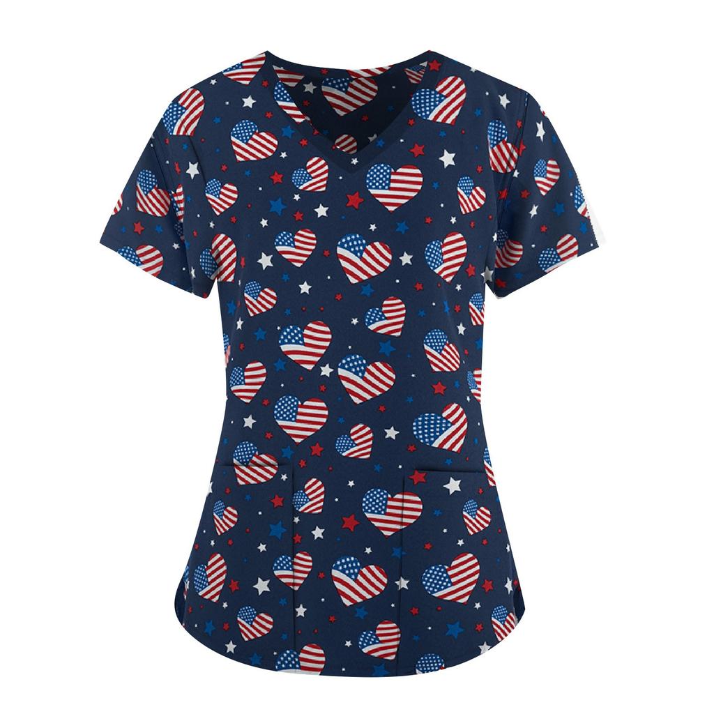 Independence Day Women's casual V-neck Printed Short Sleeve   Tops