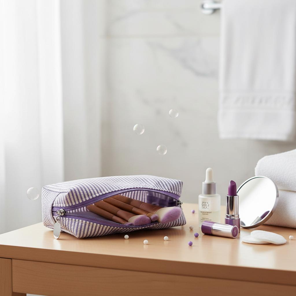 Striped Embroidered Travel Cosmetic Bag Portable Toiletry Organizer for Women Makeup Storage Pouch
