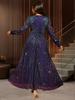 Precioso Vestido Maxi Morado con Lentejuelas, Cuello en V, Mangas Largas, Línea A, Largo hasta el Tobillo, Brillante Vestido de Fiesta de Noche para Mujer