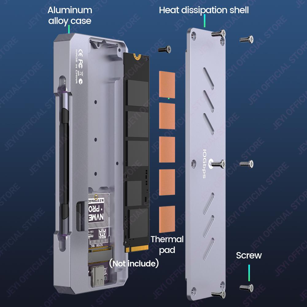 JEYI 22110 M.2 NVME NGFF Enclosure, USB 3.2 Gen2 Type-C 10Gbps SSD Case Support M&B+M Keys 2230/42/2260/2280 With Flat Cable