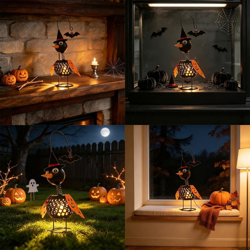 Iron Crow Halloween Decors Metal Lantern Tealight Candle Holder Figurine Witch Hat Pumpkin Wing Bat Accent