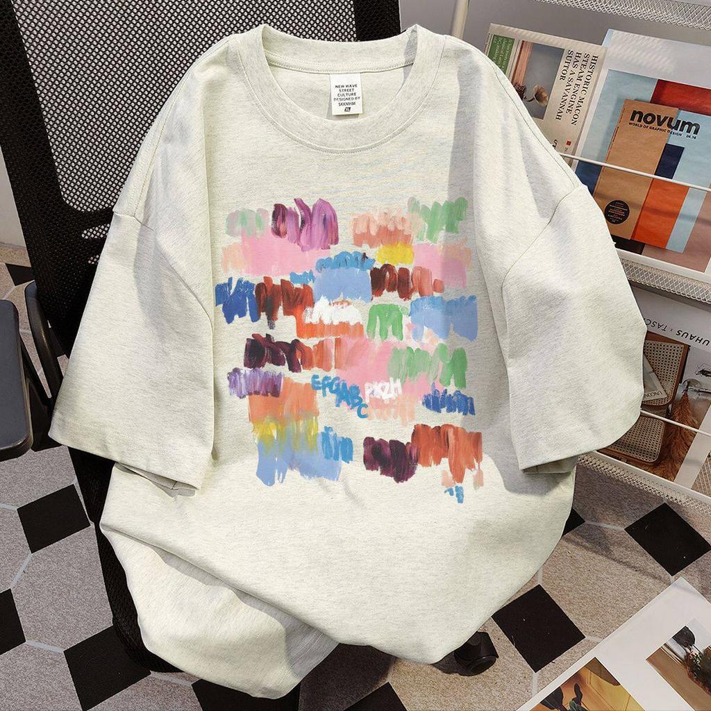 Pure Cotton Harbor Wind Color Graffiti Print Short Sleeve TShirt Couple Casual Summer Ins Loose Top Unisex And Unisex