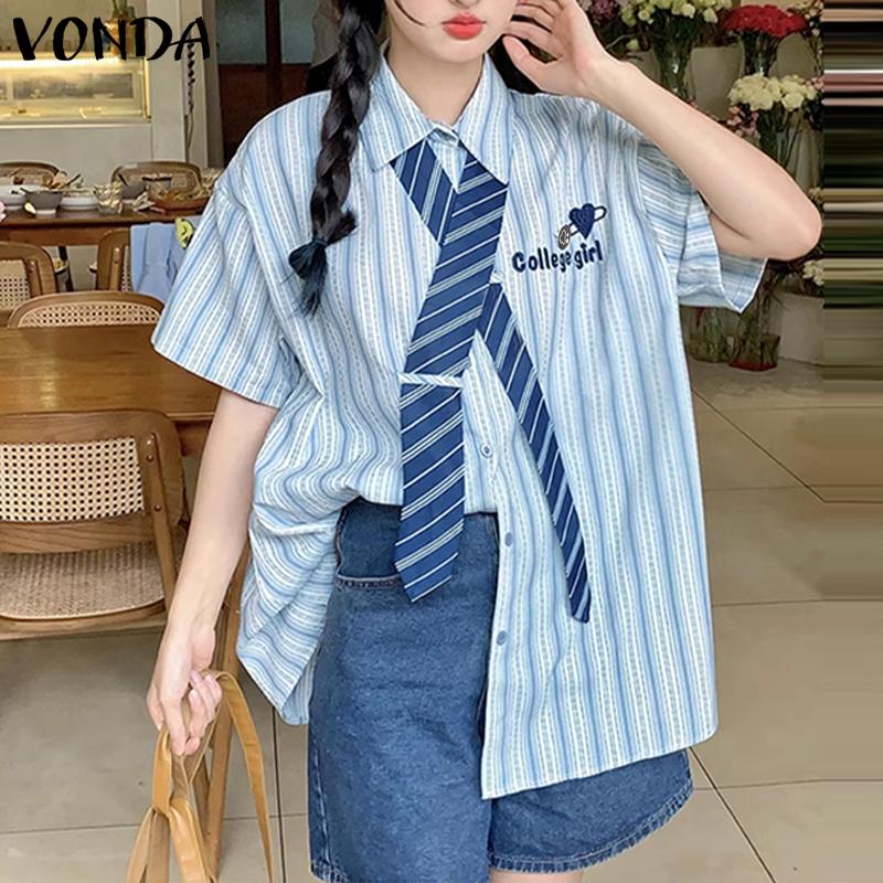 VONDA Women Tie Up Short Sleeve College Style Striped Oversized Casual Shirts