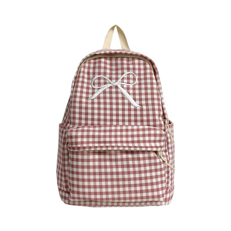 

Жіночий рюкзак із бантом у клітку для старшокласників рожевий