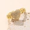 Golden Plated Cuban Link Open Adjustable Ring with Synthetic Zircon Heart for Women Trendy Statement Jewelry Gift