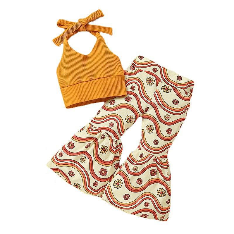 Mädchen Strick-Träger-Rückenfreies Schlauchoberteil + Welle-Blumen-Ausgestellte Lange Hose Herbst Kinderkleidung