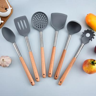Silicone Kitchen Utensils Wooden Handle Non Stick Pot Kitchenware Cooking Set Heat-resistant Soup Spoon Pasta Colander Shovel