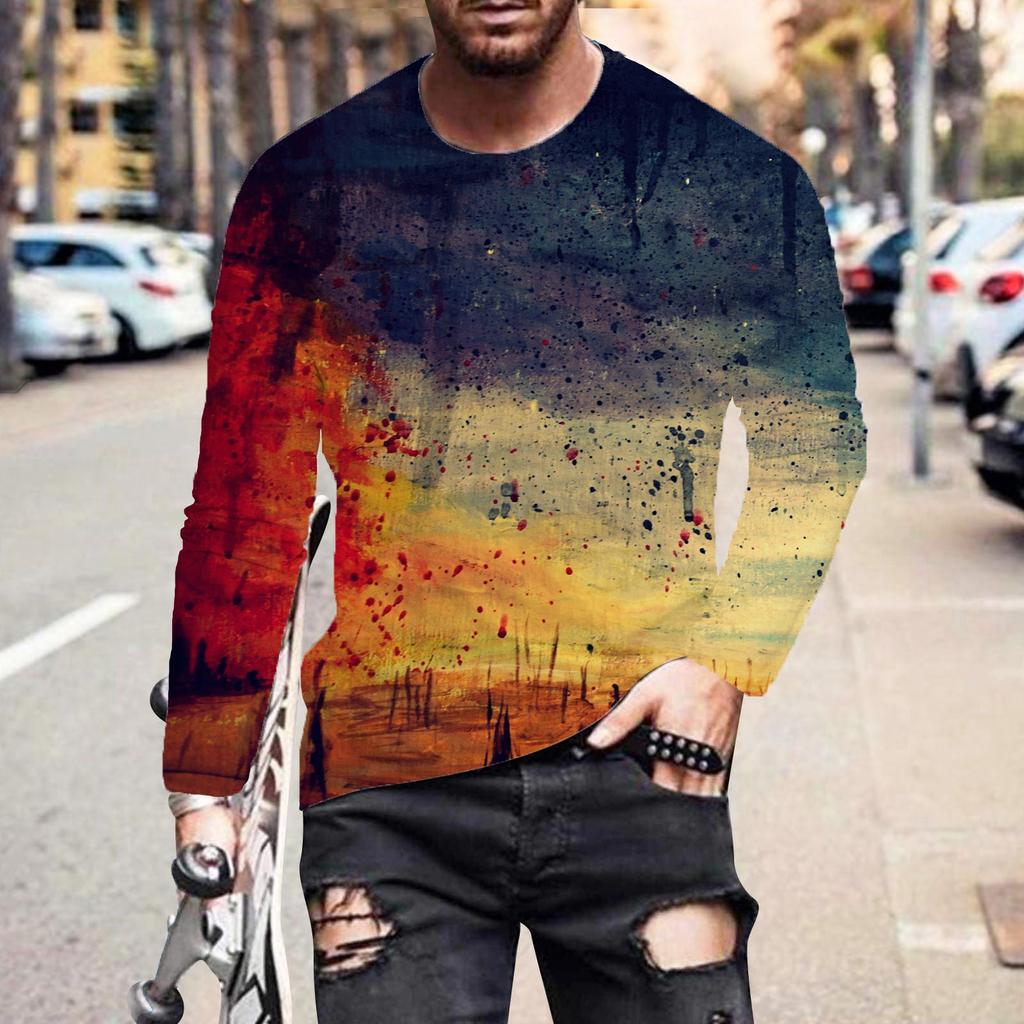 Men's Fashion Casual Printed Long Sleeve O-Neck Shirts Tops Blouse