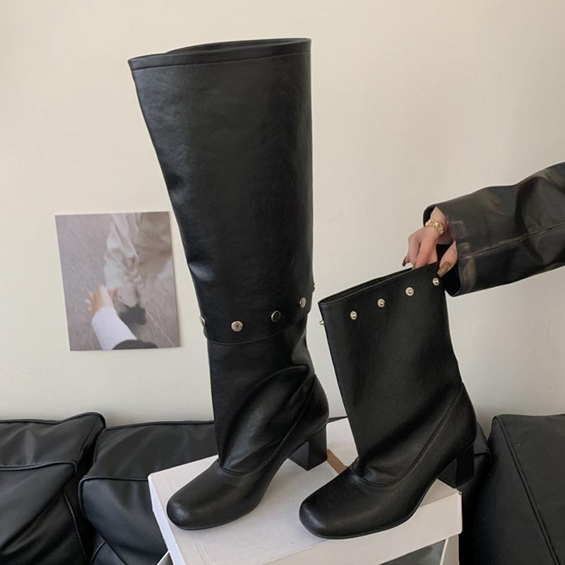 New Style Button Combination Splicing Women Knee High Boots Fashion Round Toe Pleated Leather Long Shoes Low Square Heels