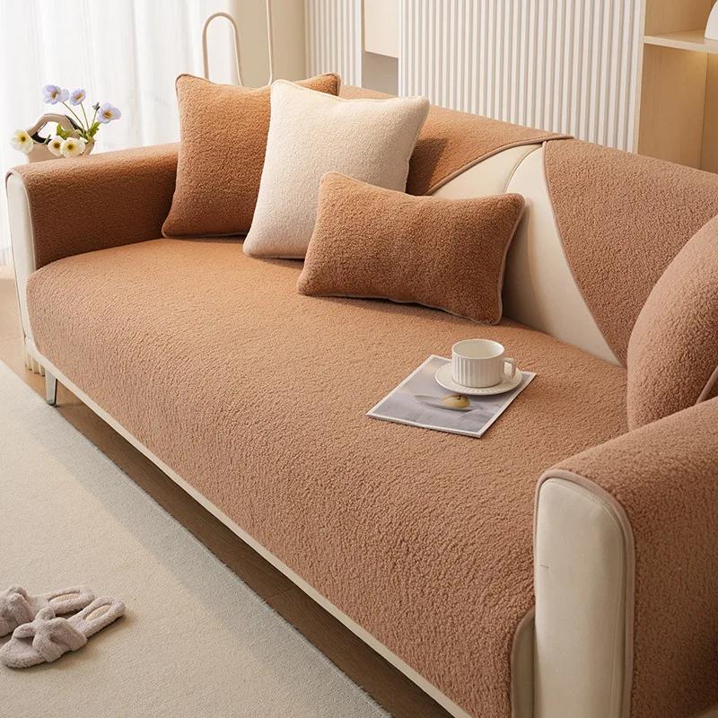 Modern Solid Color Winter Lamb Velvet Sofa Cover Thicken Plush Soft and Smooth Sofa Covers for Living Room Anti-slip Couch Cover