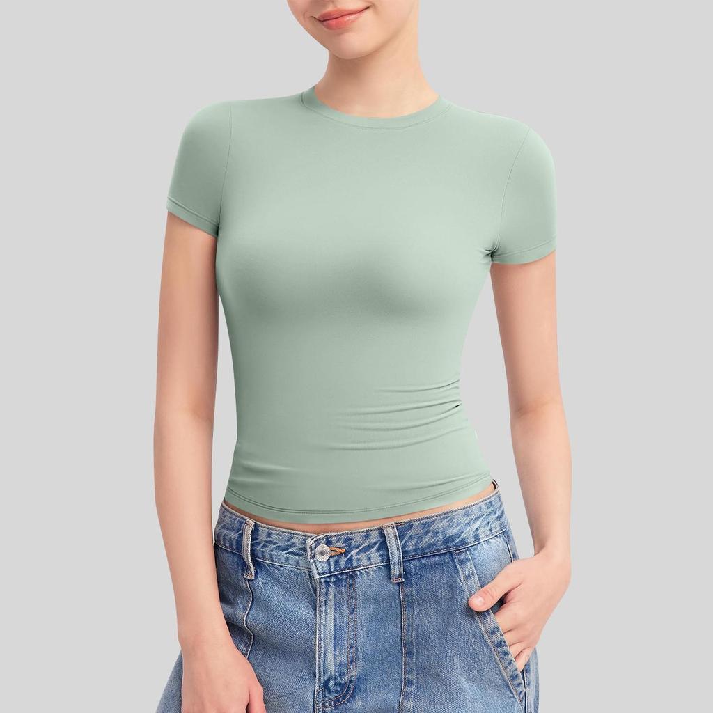 Women's Round Neck Short Sleeve Tops Double Lined Slim Fit T Shirts Basic Tee Cloud