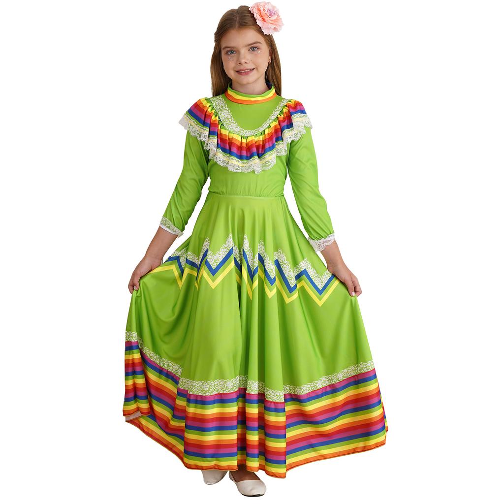 Kids Girls Mexican Traditional Jalisco Folk Dance Dress Halloween Costume with Flower Hair Clip