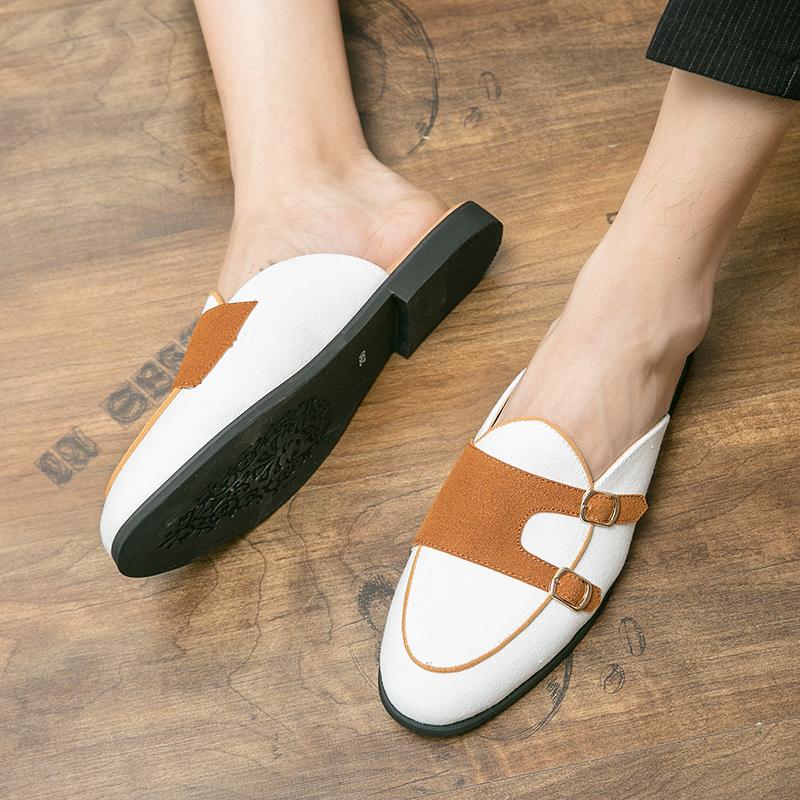 Canvas Men Semi-Drag Casual Shoes Slip On Flats Half Shoes For Men Backless Loafers Slipper Closed Toe Sandals Mules Man Slides