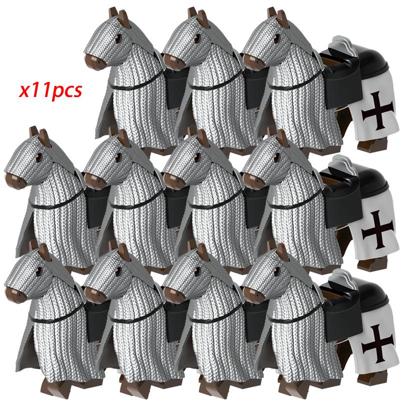 11pcs Medieval Gothic War Horse Building Blocks Silver/Gold/Iron/Armored Horses Battle Steed DIY Bricks Toys