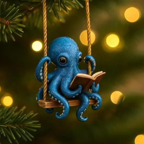 Octopus Reading Ornament Blue Octopus Reading Swing Ornament Sea Creature Christmas Tree Hanging Decor Squid Art Collection Gifts for Ocean Lovers