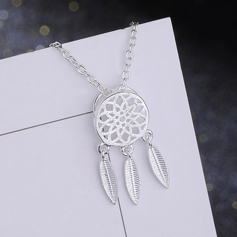 925 Sterling Silver 2pcs/Set Korean Style Feather Dreamcatcher Jewelry Sets Pendant Necklace For Women Gift NE+EA