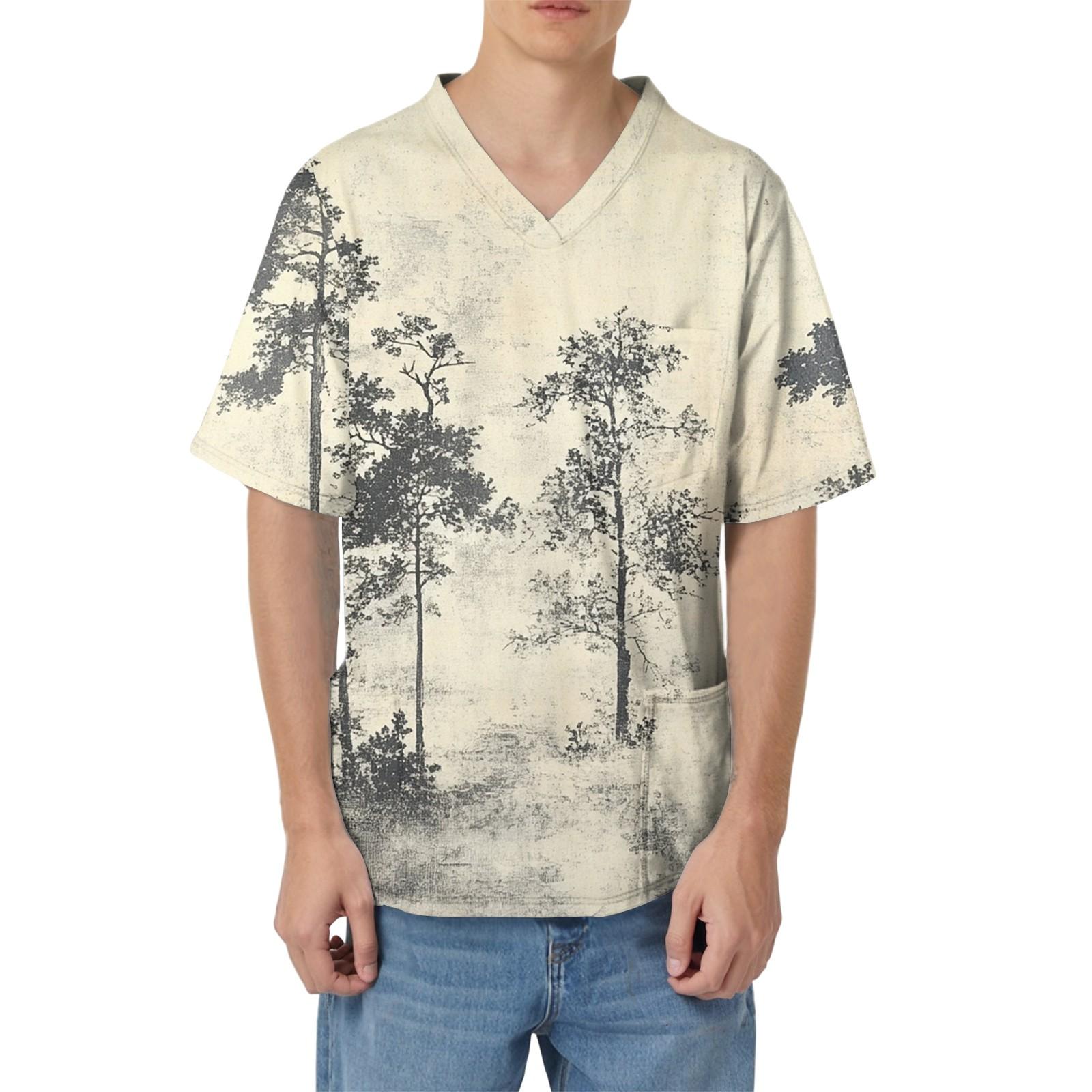 Мужская рабочая блузка с короткими рукавами и v-образным вырезом с принтом топ с нагрудным карманом L бежевый 1469₽