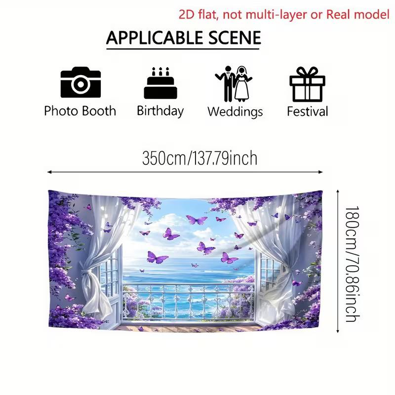 2D Purple Flower & Ocean Balcony Photo Backdrop for Wedding & Engagement Studio Decor Cloth