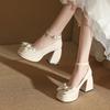 Bow Mary Jane Shoes Women's Round Head 2025 New Thick Heel Thick Sole Japanese Small One-word Buckle with High Heels