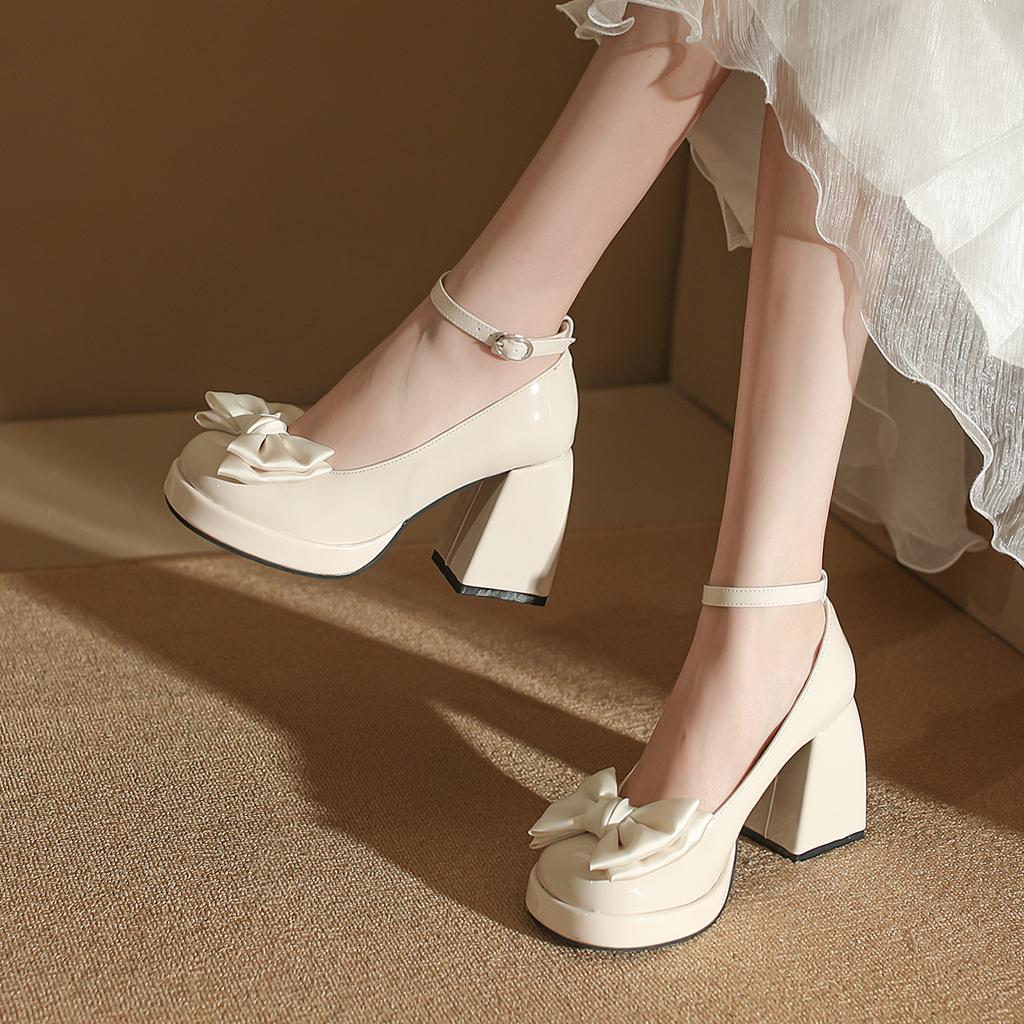 Bow Mary Jane Shoes Women's Round Head 2025 New Thick Heel Thick Sole Japanese Small One-word Buckle with High Heels