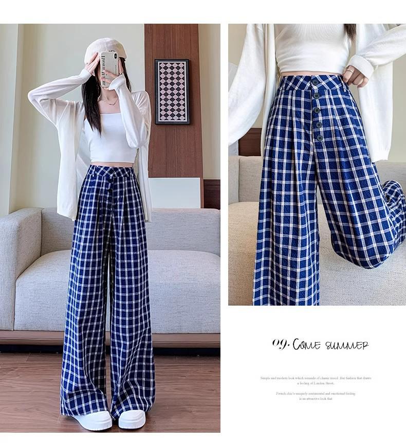 Damen Amerikanisch Blau & Weiß Karierte Hose mit Weitem Bein - Sommer 2025 Locker Geschnitten, Einreihig, Bodenlang