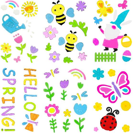 6 Sheets Spring Gel Window Clings,Hello Springs, Flowers, Butterfly Bees, Birds for Spring Decorations, Easter Window Clings Holiday Party