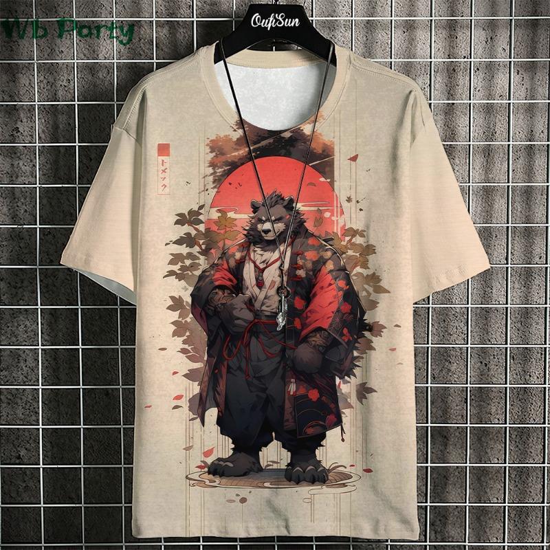 Japanisches Ukiyo-E T-Shirt Herren Tierdruck Grafik T-Shirts Vintage Herrenbekleidung Rundhals Kurzarm Tee Harajuku T-Shirt