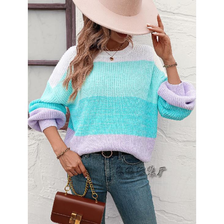 2024 Herbst/Winter Neuer europäischer und amerikanischer Farbblock-Rundhals-Strickpullover Modepullover für Damen