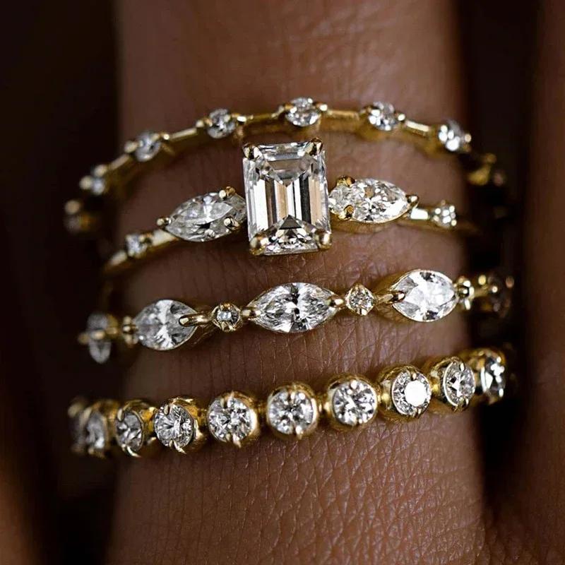 Huitan Fashionable 4Pcs Cubic Zirconia Set Rings for Women Luxury Gold Color/Copper Color Wedding Trendy Zircon Drop Shipping
