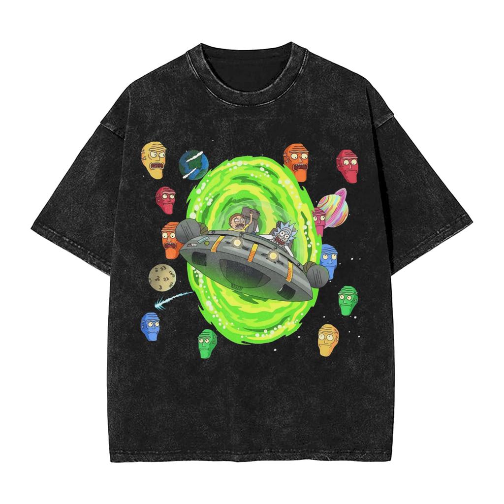 R-Rick and M-Morty Vintage Washed T-Shirt Men Polyester Clothing Kawaii Adventure Crewneck Short Sleeve