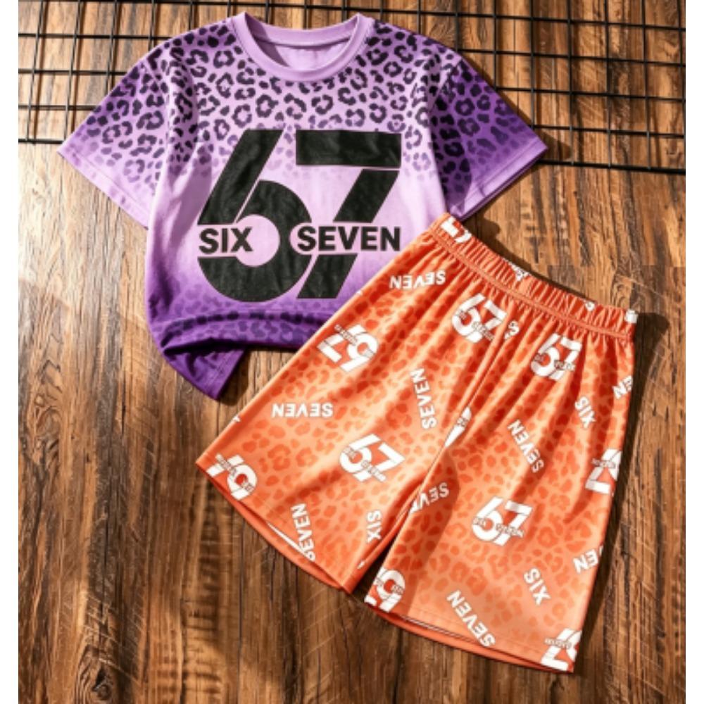 Fashion Kids Set Leopard 67 Number Printed Kids T-shirt and Shorts 2 Piece Set Summer Casual Outdoor Street Boy's and Girl's T-shirt Sets